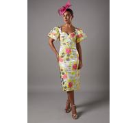 Coast Metallic Jacquard Volume Sleeve Midi Dress In Yellow yellow 8