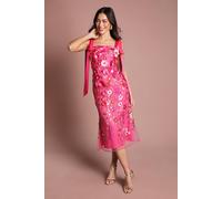 Coast Muse 3D Floral Mesh With Tie Shoulder Midi Dress In Hot Pink hot pink 16