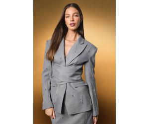 Coast Muse Check Tie Front Embellished Blazer In Grey grey