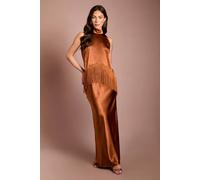 Coast Muse Satin Fringe Halterneck Maxi Dress In Bronze bronze
