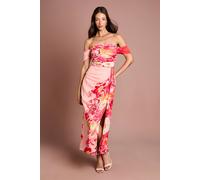 Coast Off The Shoulder Floral Print Drape Chiffon Dress In Coral coral 14
