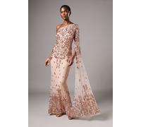 Coast One Shoulder Maxi Dress In Lace With Cape Sleeve In Champagne champagne