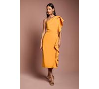Coast One Shoulder Ruffle Crepe Pencil Midi Dress In Orange orange