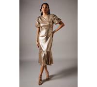 Coast Party Sequin Gold Midi Dress With Puff Sleeve gold