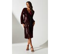 Coast Party Sequin Long Sleeve Velvet Wrap Dress In Oxblood oxblood