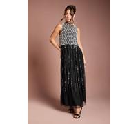 Coast Pearl Beaded Overlay Georgette Maxi Dress In Black black 12
