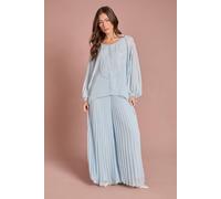 Coast Pearl Embellished Pleated Georgette Wide Leg Trouser In Light Blue