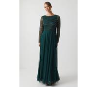 Coast Pearl Geometric Cowl Back Long Sleeve Bridesmaid Dress In Emerald emerald 12