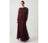 Coast Pearl Geometric Cowl Back Long Sleeve Bridesmaid Dress In Malbec