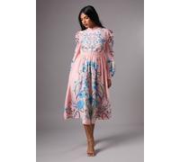 Coast Petite Burnout Printed Midi Dress With Blouson Sleeve In Pink pink 8