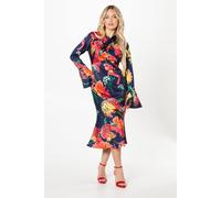 Coast Petite Cross Neck Printed Midi Wedding Guest Dress In Navy navy