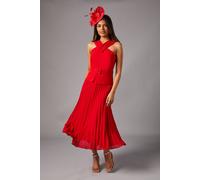 Coast Petite Cross Over Neck Pleated Midi Dress In Flame Red flame red 18