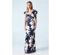 Petite Dahlia Floral Printed Satin Ruffle Sleeve Bridesmaid Dress Coast Navy 8