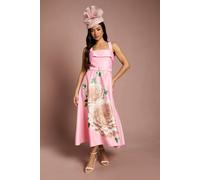 Coast Women's Petite Lisa Tan Floral Placement Print Belted Midi Dress in Pink | Size: 8 Coast Pink 8