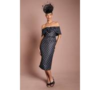 Coast Women's Petite Lisa Tan Spot Print Corsage Off-The Shoulder Pencil Dress in Black | Size: 6 Coast Black 6