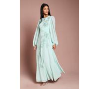 Coast Petite Long Sleeve Wrap Waist Embellished Floral Maxi Dress In Mint mint