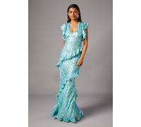 Coast Petite Metallic Jacquard Frill Midi Dress In Blue blue 6