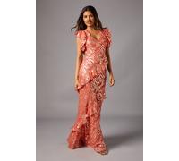 Coast Petite Metallic Jacquard Frill Midi Dress In Peach peach 8