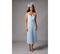 Coast Petite Notch Neck Pleated Lace Skirt Midi Dress In Light Blue light blue 8