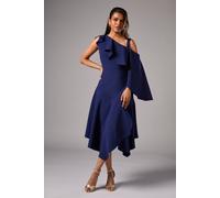 Petite One Shoulder Ruffle Crepe Midi Wedding Guest Dress Coast Navy 10