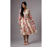 Coast Petite Organza Long Sleeve Printed Lace Trim Dress In Cream cream 6