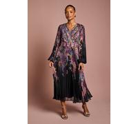 Coast Petite Placement Print Long Sleeve Chiffon Pleated Wrap Dress In Black black 8
