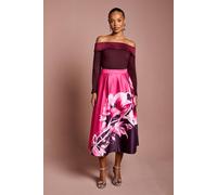 Coast Petite Placement Print Satin Midi Skirt In Berry berry 10