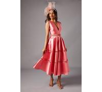 Coast Petite Plunge Neck Twill Midi Dress With Lace Trims In Pink pink 14