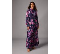 Coast Petite Print Pleated Lace Trim Midi Dress In Navy navy 10