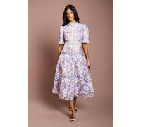 Coast Women's Petite Printed Lace Short Sleeve Trim Detail Midi Dress in Lilac | Size: 8