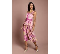 Coast Petite Printed Lace Trim Pleated Midi Dress In Pink pink