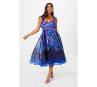 Coast Petite Printed Organza Notch Neck Midi Dress In Blue blue 8
