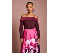 Coast Petite Satin Bardot Compact Crepe Long Sleeve Top In Berry berry 10