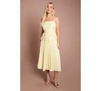 Coast Petite Satin Lace Pleated Midi Dress In Lemon lemon