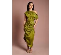 Petite Satin Ruched One Shoulder Asymmetric Hem Midi Dress Coast Olive 4