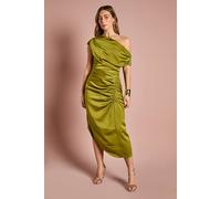 Petite Satin Ruched One Shoulder Asymmetric Hem Midi Dress Coast Olive 6