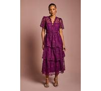 Coast Petite Short Sleeve V Neck Tiered Lace Midi Dress In Plum plum 10