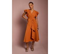 Coast Women's Petite Short Sleeve V Neck Wrap Front Midi Dress in Rust | Size: 12 Coast Rust 12