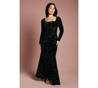 Coast Women's Petite Square Neck Velvet Sequin Long Sleeve Maxi Dress in Emerald | Size: 18