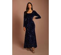 Coast Women's Petite Square Neck Velvet Sequin Long Sleeve Maxi Dress in Navy | Size: 18 Coast Navy 18