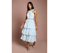 Coast Petite Tiered Lace Cross Halter Neck Button Detail Midi Dress In Light Blue light blue
