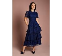 Coast Petite Tiered Lace Dress With Flutter Sleeve & Trims In Navy navy 4