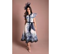 Coast Placement Print Frill Sleeve Belted Midi Dress In Ivory ivory