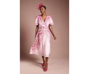 Coast Placement Print Trailing Floral Organza Wrap Midi Dress In Pink pink