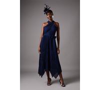 Coast Pleated Halter Neck Lace Insert Midi Dress In Navy navy 8