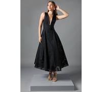 Coast Women's Plunge V Full Skirted Jacquard Midi Dress in Black | Size: 18 Coast Black 18