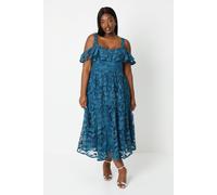 Coast Plus Bardot Frill Top Lace Midi Dress In Navy navy 20
