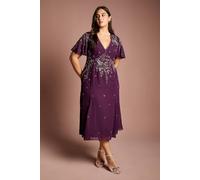 Coast Women's Plus Floral Embellished Flutter Sleeve Midi Dress in Wine | Size: 26 Coast Wine 26