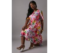 Coast Plus Hydrangea Print Tiered Midi Dress In Pink pink 24