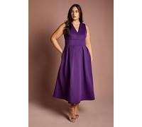 Coast Plus Plunge Neck Full Skirted Midi Dress In Scuba In Purple purple 22